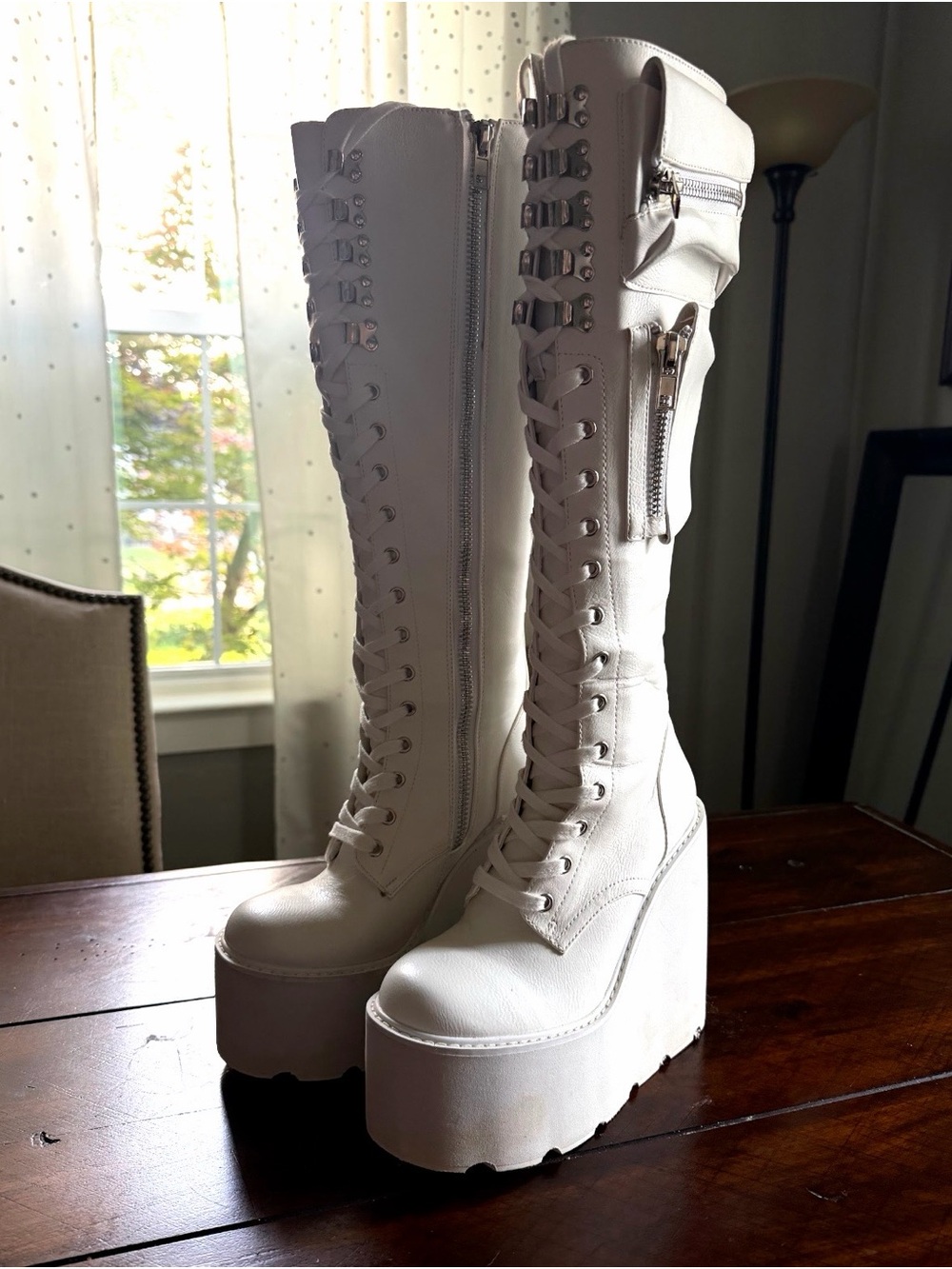 Women's White Platform Lace-Up Knee-High Boots